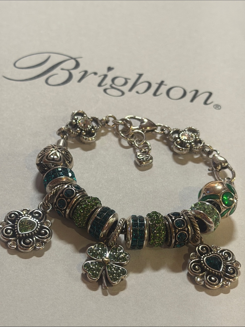 🍀☘️Brighton ‘May’ ‘Irish’ SLVR VTG Crystal Charm Bracelet! GREAT GIFT IDEA 🎁